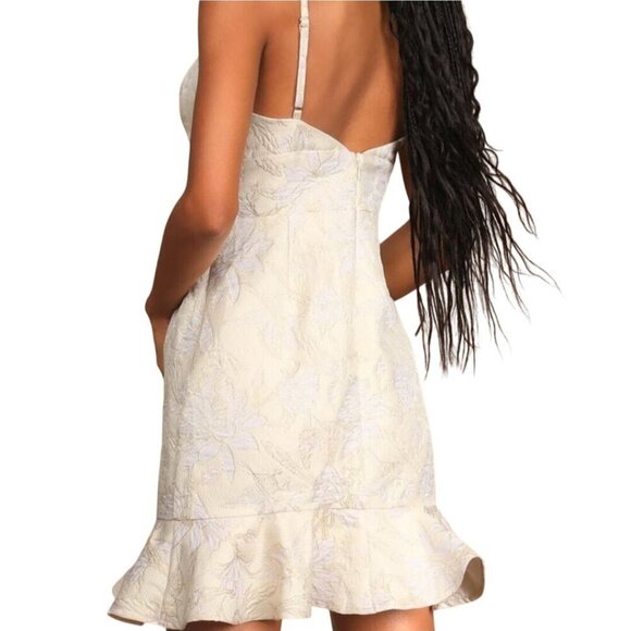 Lulus NWT Guilded Lily Cream Floral Jacquard Ruffled Trumpet Mini Dress Size M - Picture 4 of 13